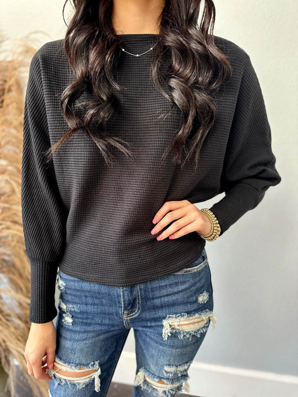 EBONY WAFFLE DOLMAN SLEEVE TOP