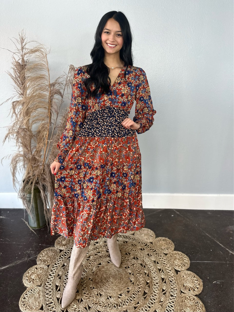 BRICK FLORAL L/S TIERED DRESS