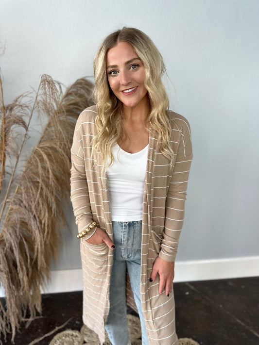 TAUPE AND CREAM STRIPED CARDIGAN