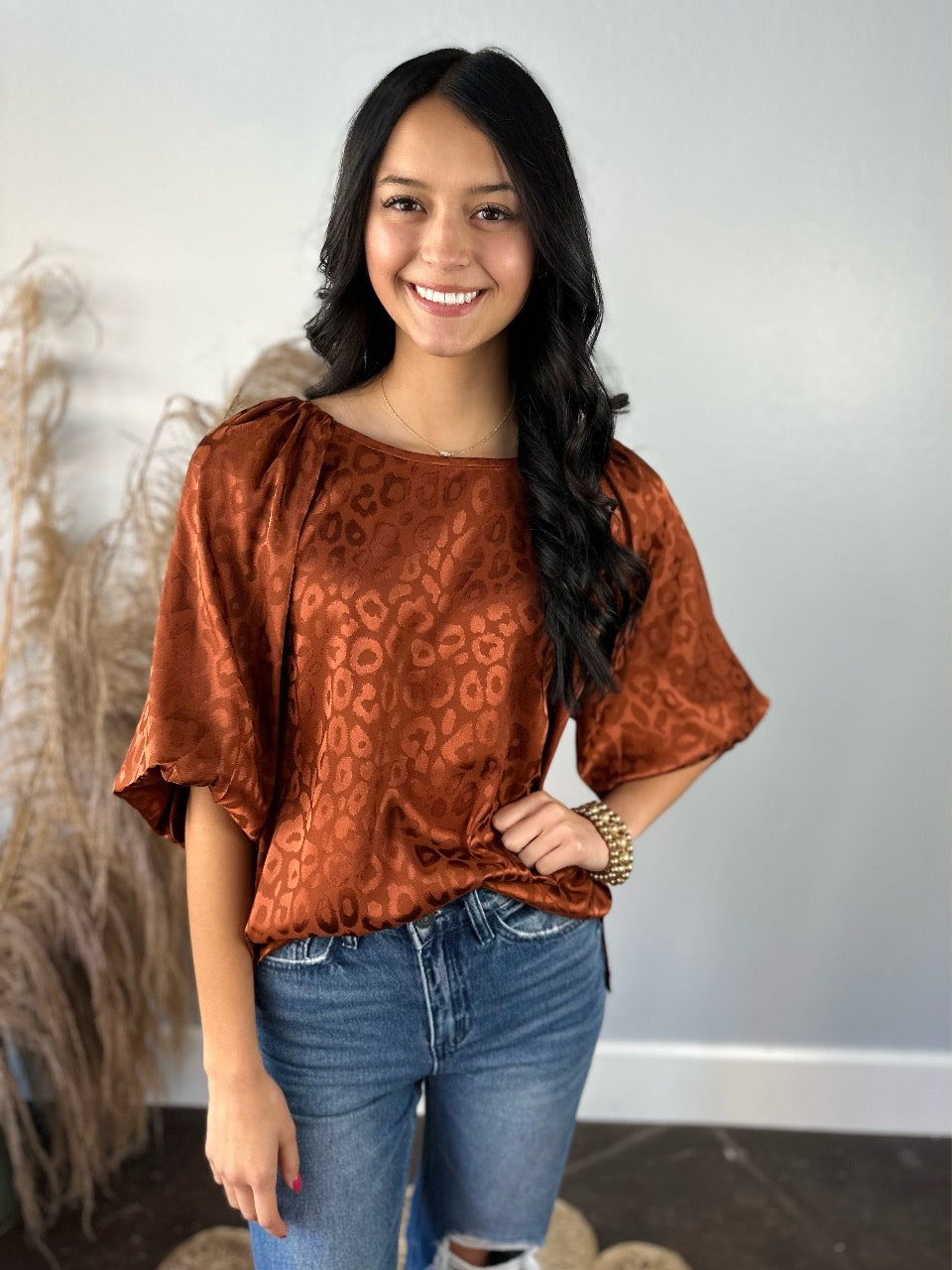 COPPER SATIN FEEL CHEETAH PUFF SLEEVE TOP