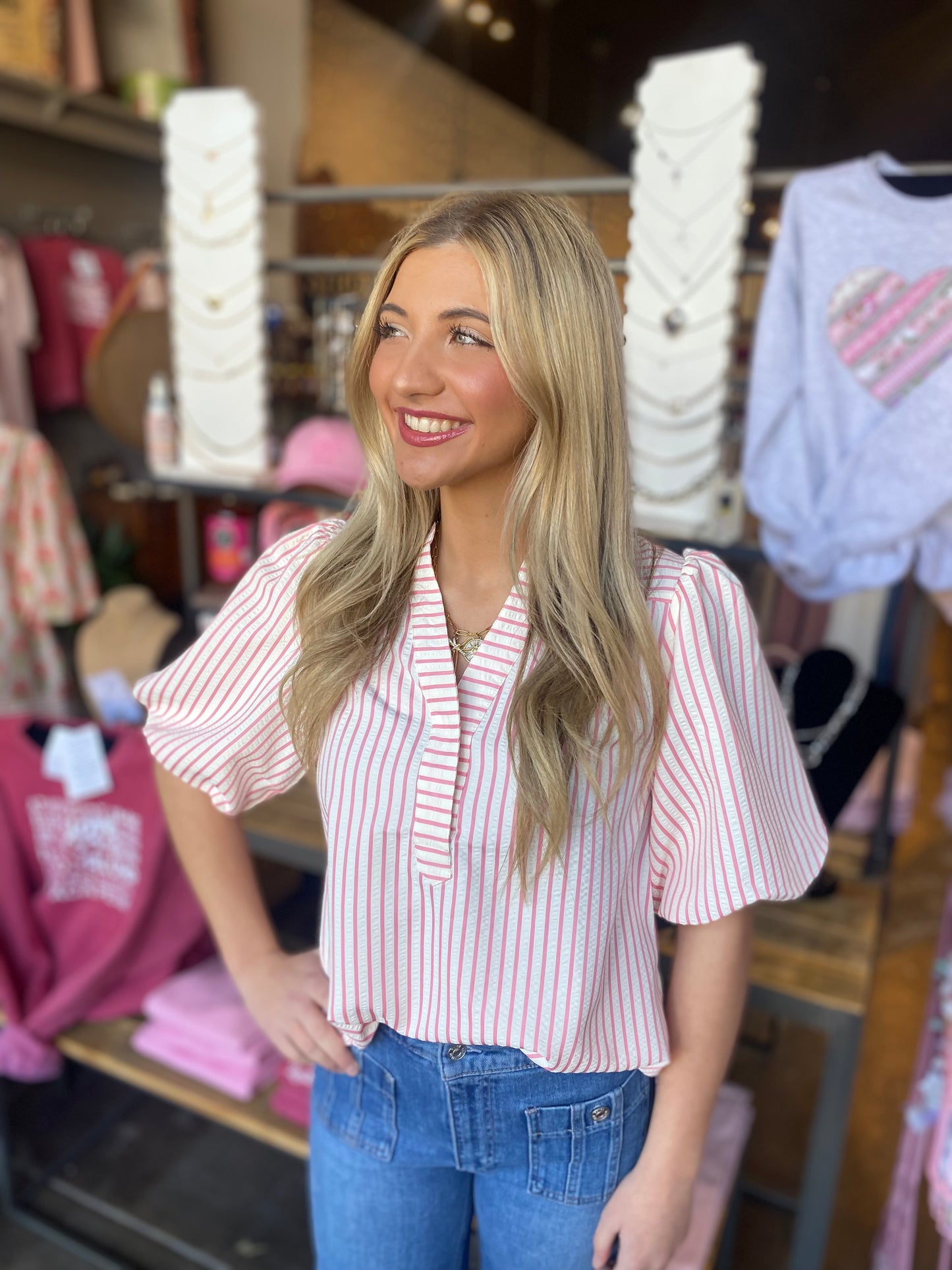 PINK STRIPED PUFF SLEEVE BUTTONUP TOP