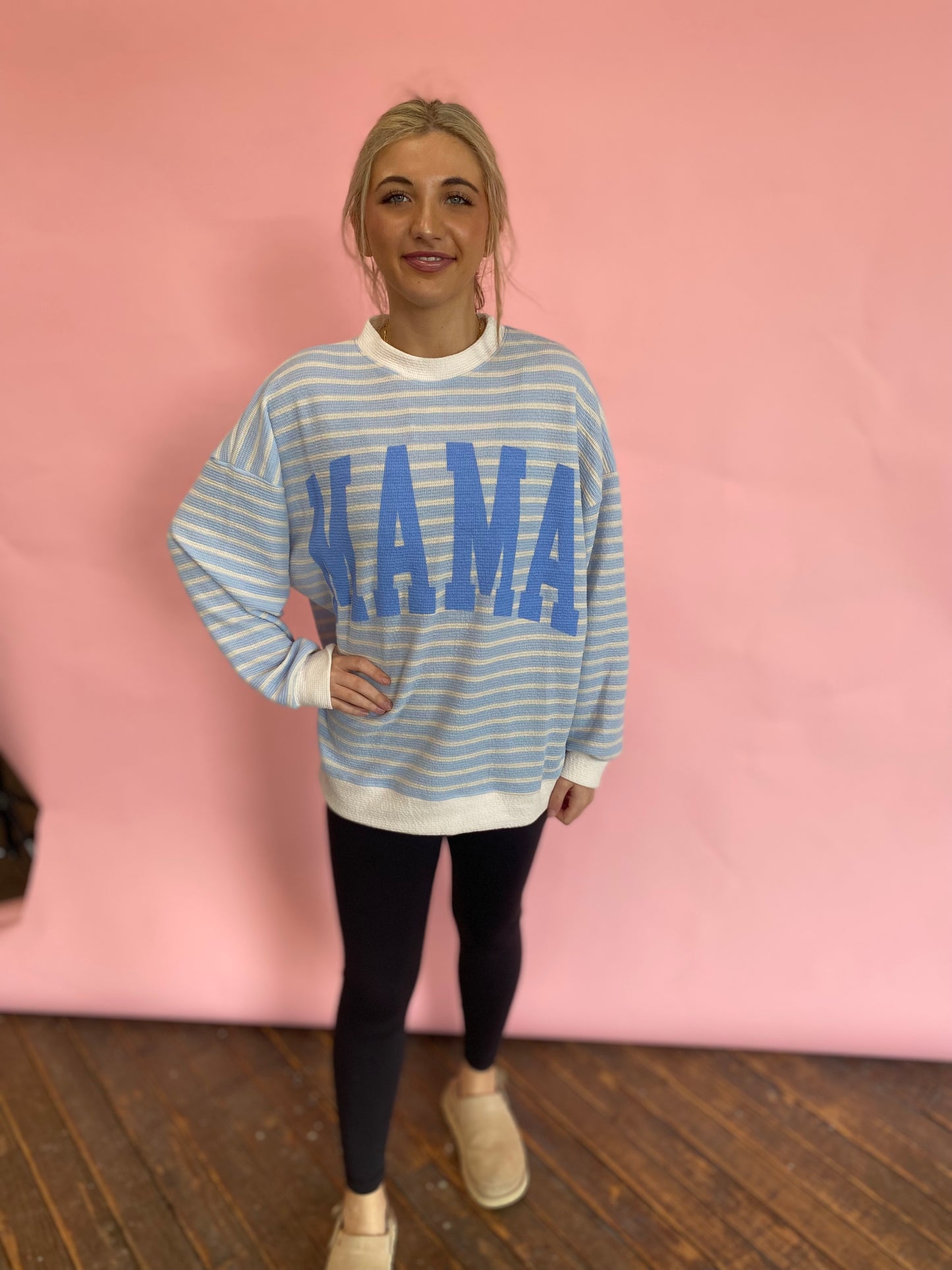 BLUE/CREAM STRIPED MAMA TOP