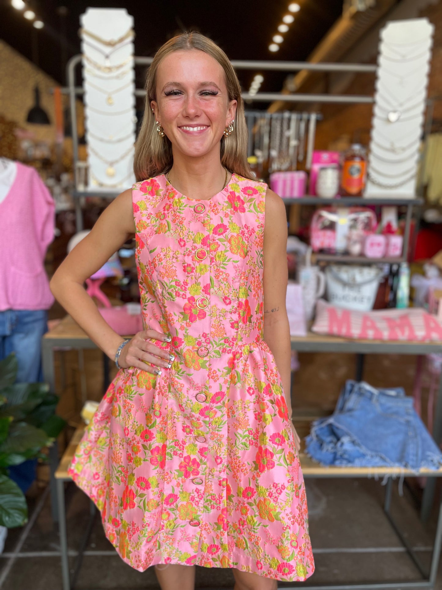 PINK JAQUARD SLEEVELESS DRESS
