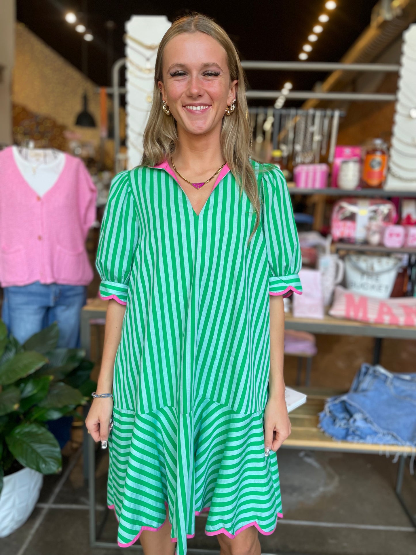 GREEN STRIPED DRESS W/PINK TRIM