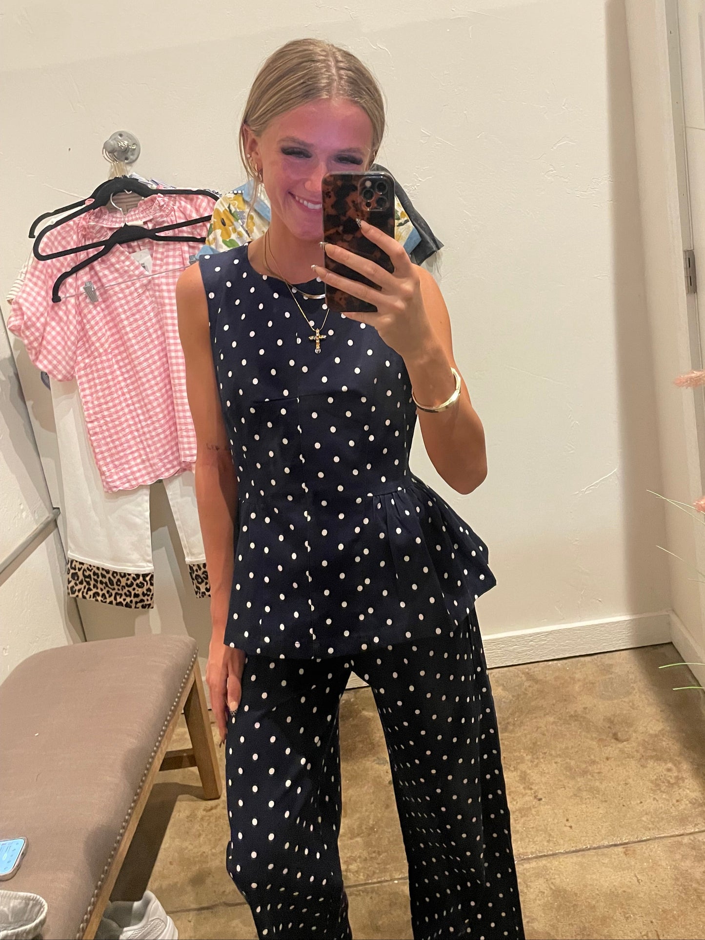 NAVY POLK-A-DOT DENIM SET