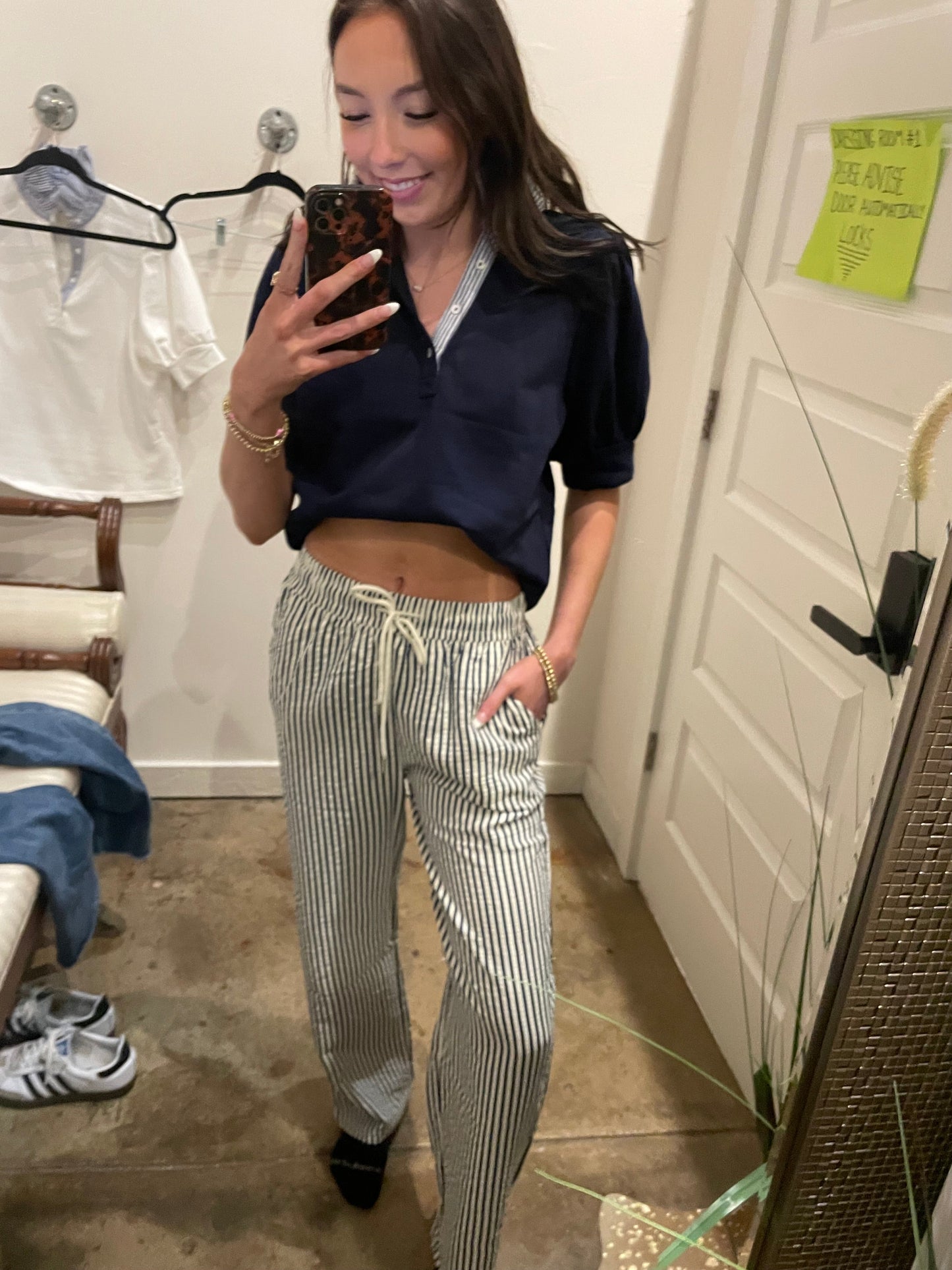 NAVY STRIPED ELASTIC WAIST PANTS