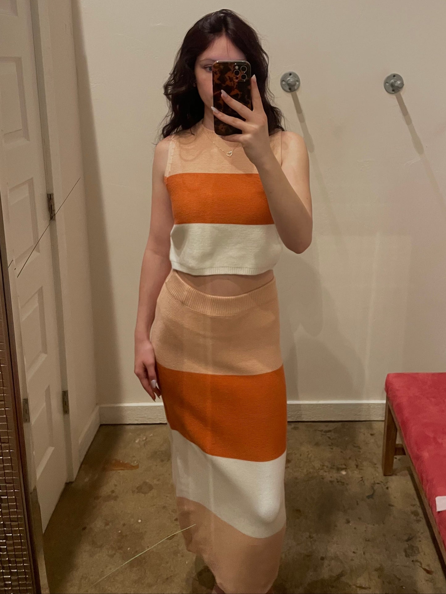 TAUPE/ORANGE/CREAM SKIRT SET