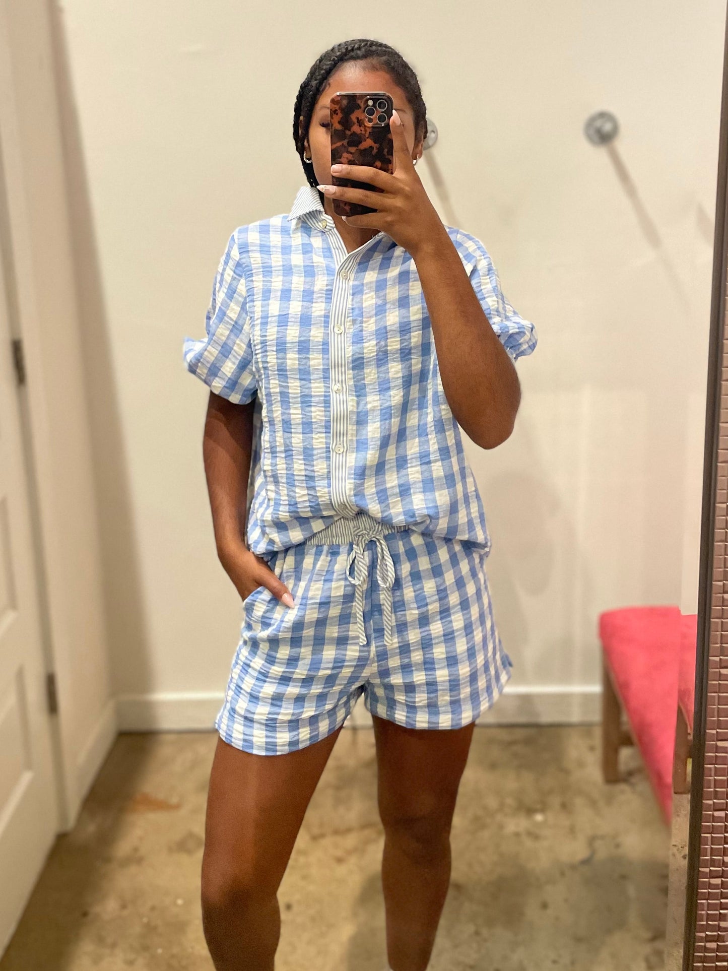 BLUE GINGHAM GAUZE SET