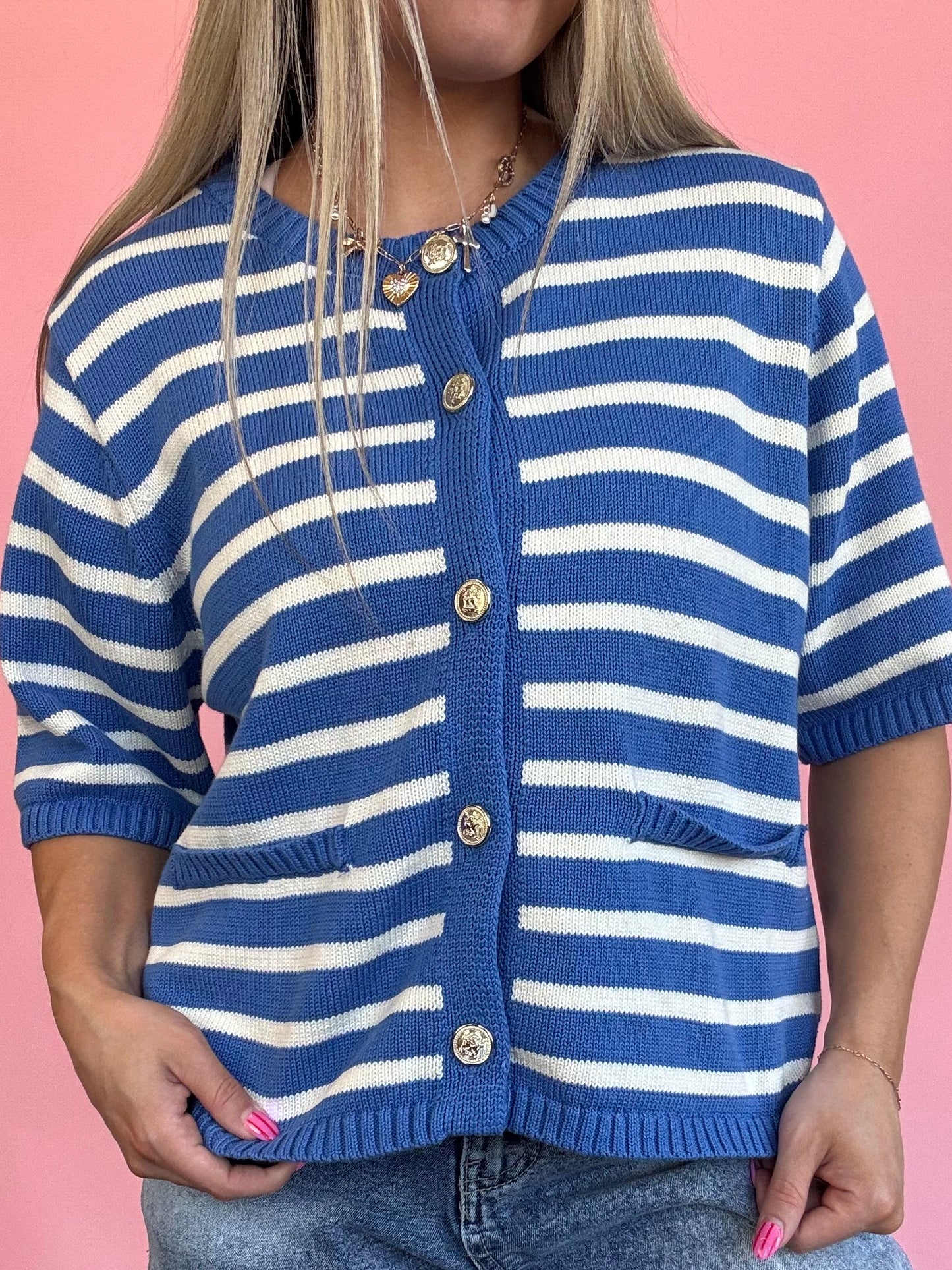 BLUE AND IVORY S/S SWEATER