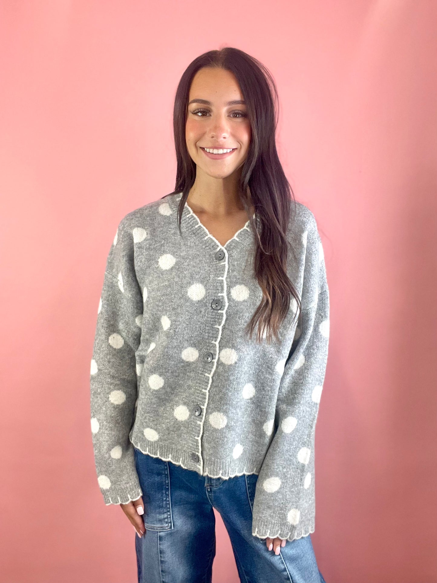 PRETTY IN GREY POLK-A-DOTS CARDIGAN