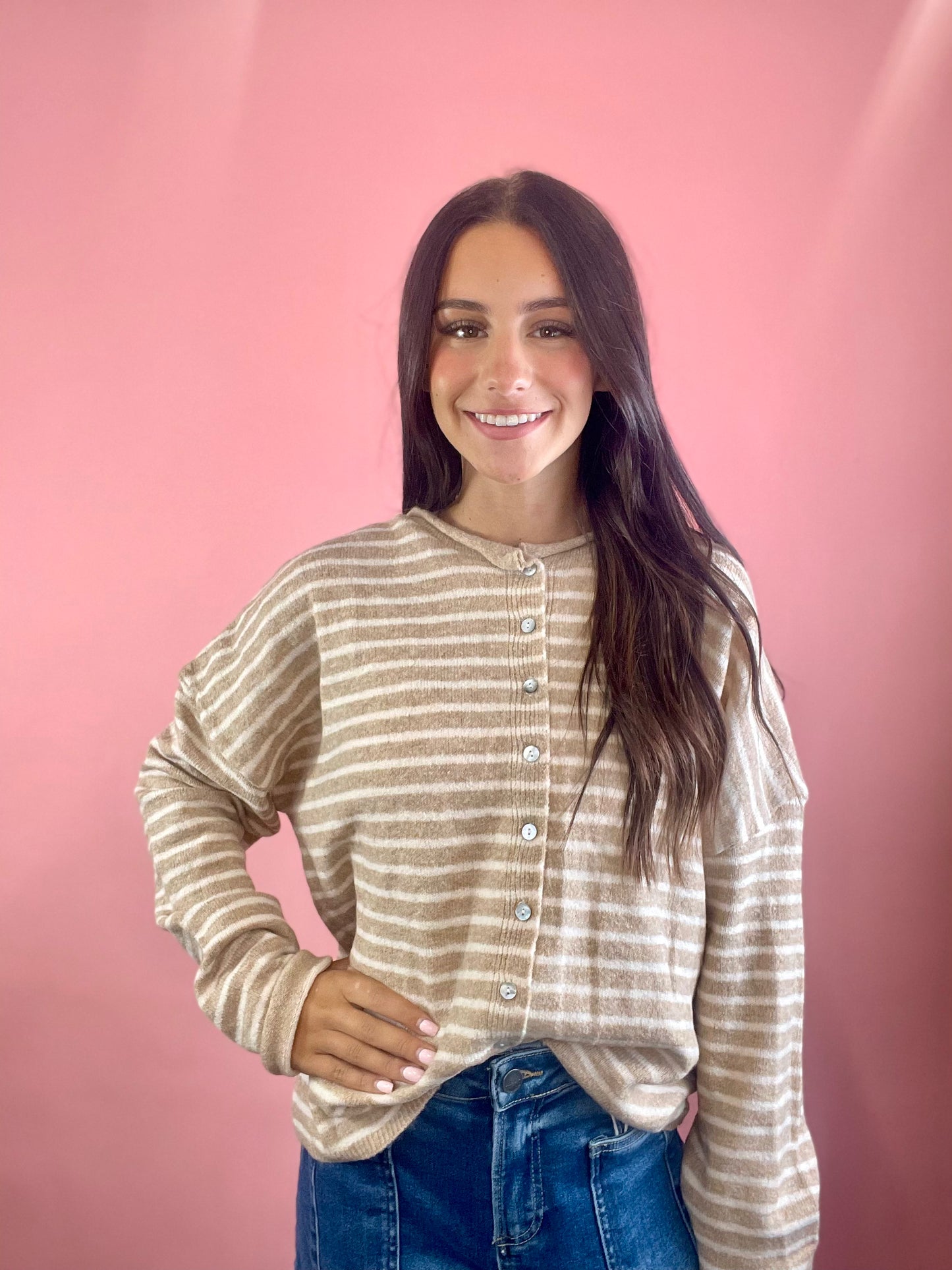 CREAM & TAUPE STRIPED SWEATER
