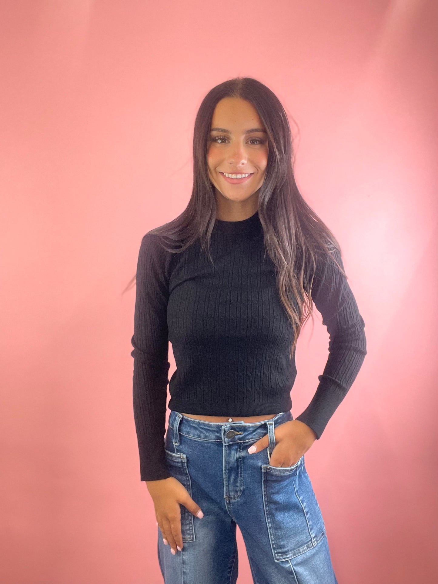 SNUG BLACK CABLE KNIT SWEATER TOP