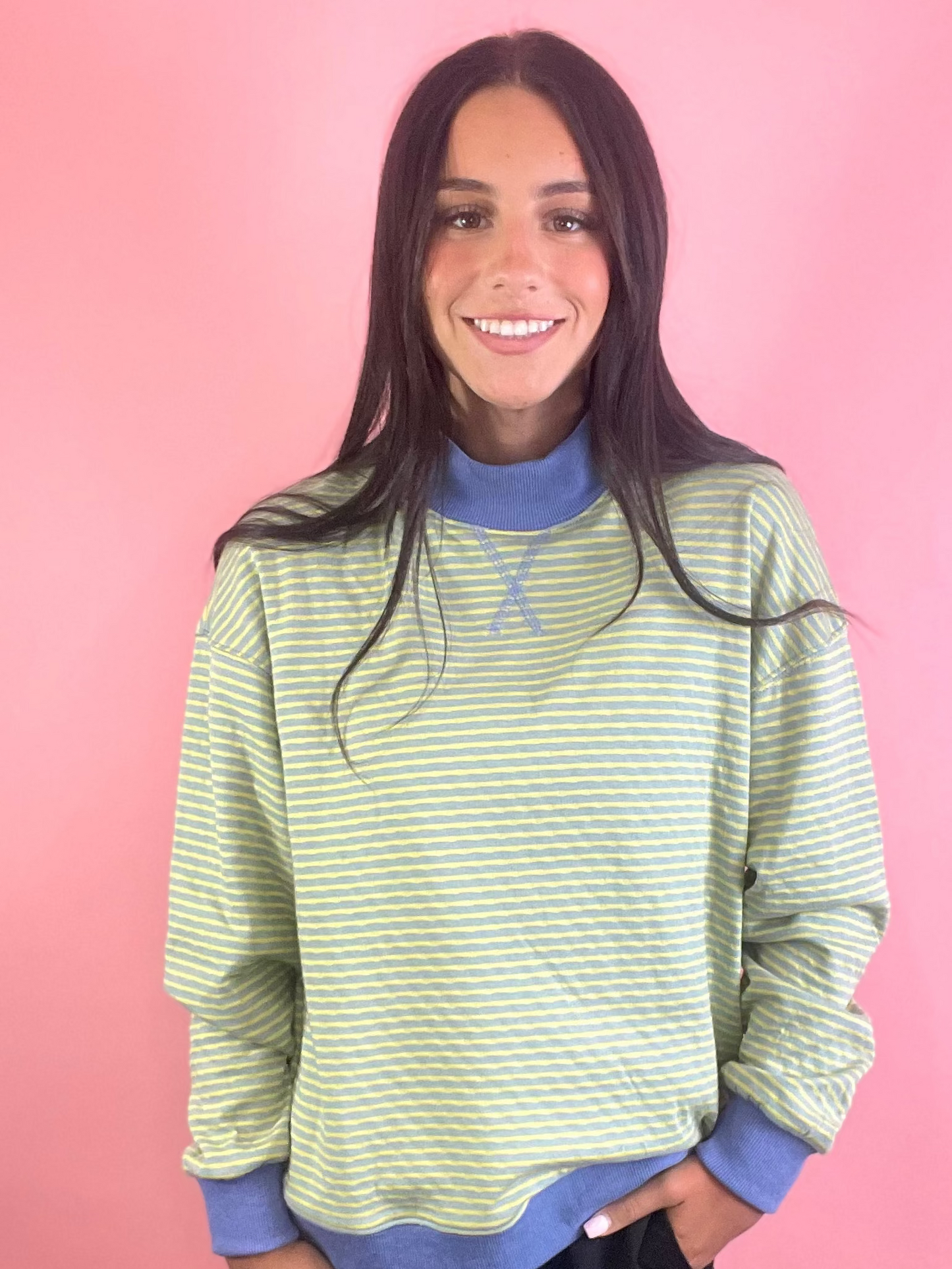 BLUE STRIPED MOCK NECK TOP