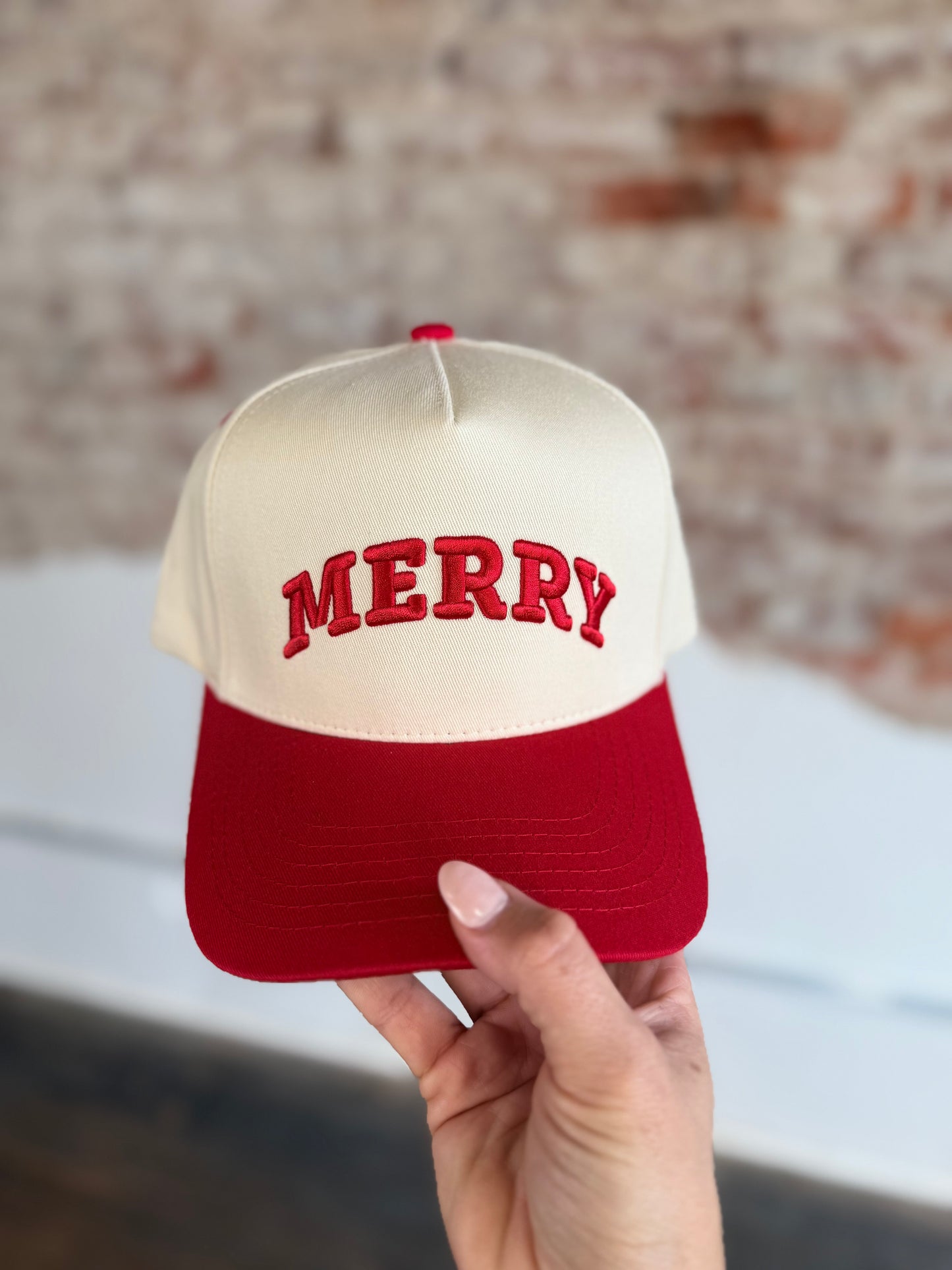 TAN/RED MERRY TRUCKER HAT
