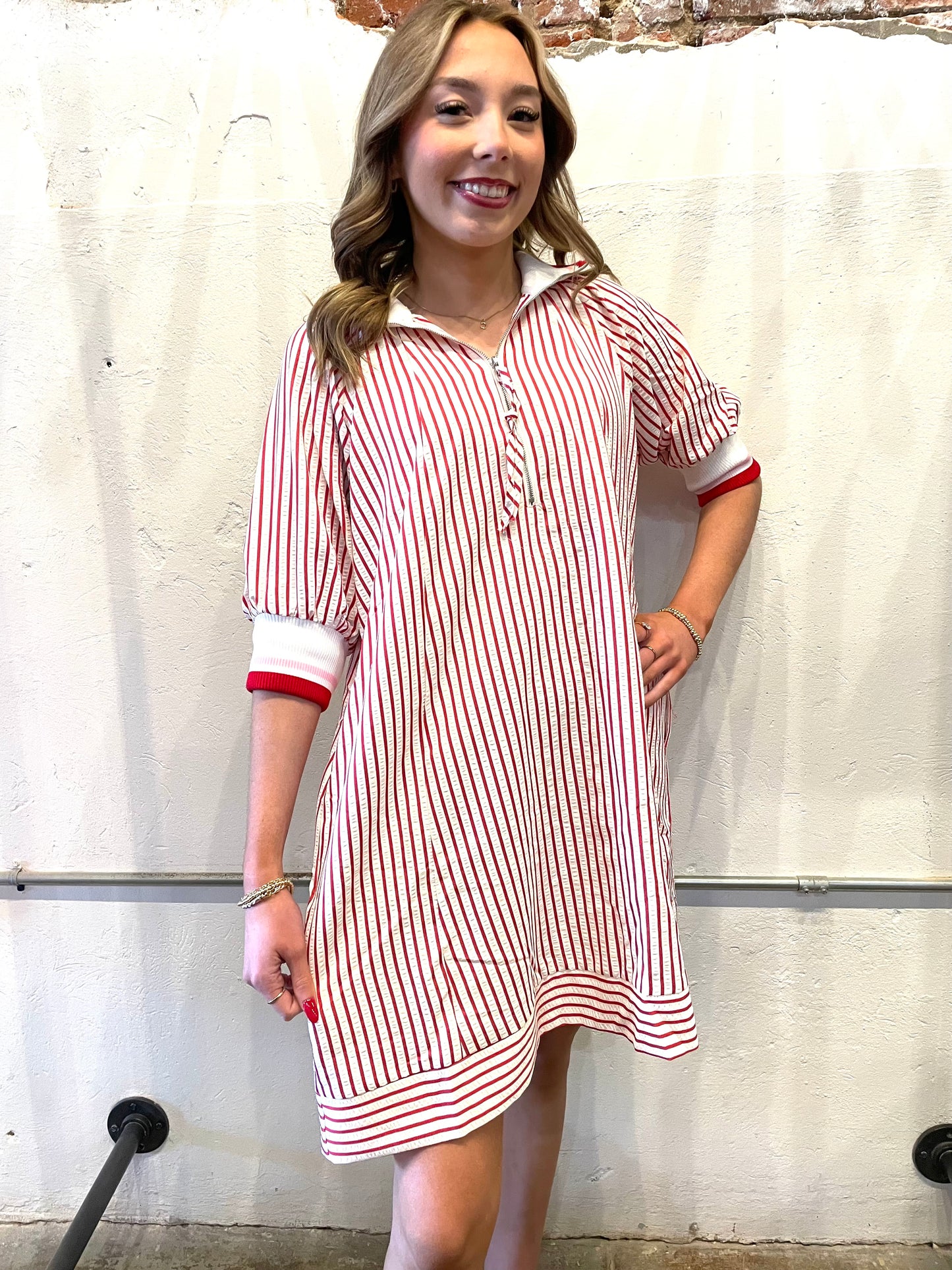 RED STRIPED SEERSUCKER DRESS