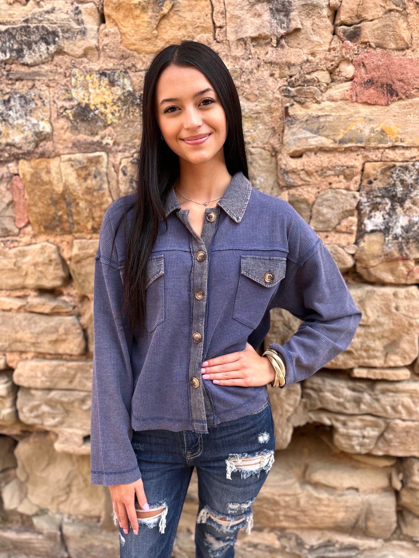BLUE CROP L/S WAFFLE BUTTON UP