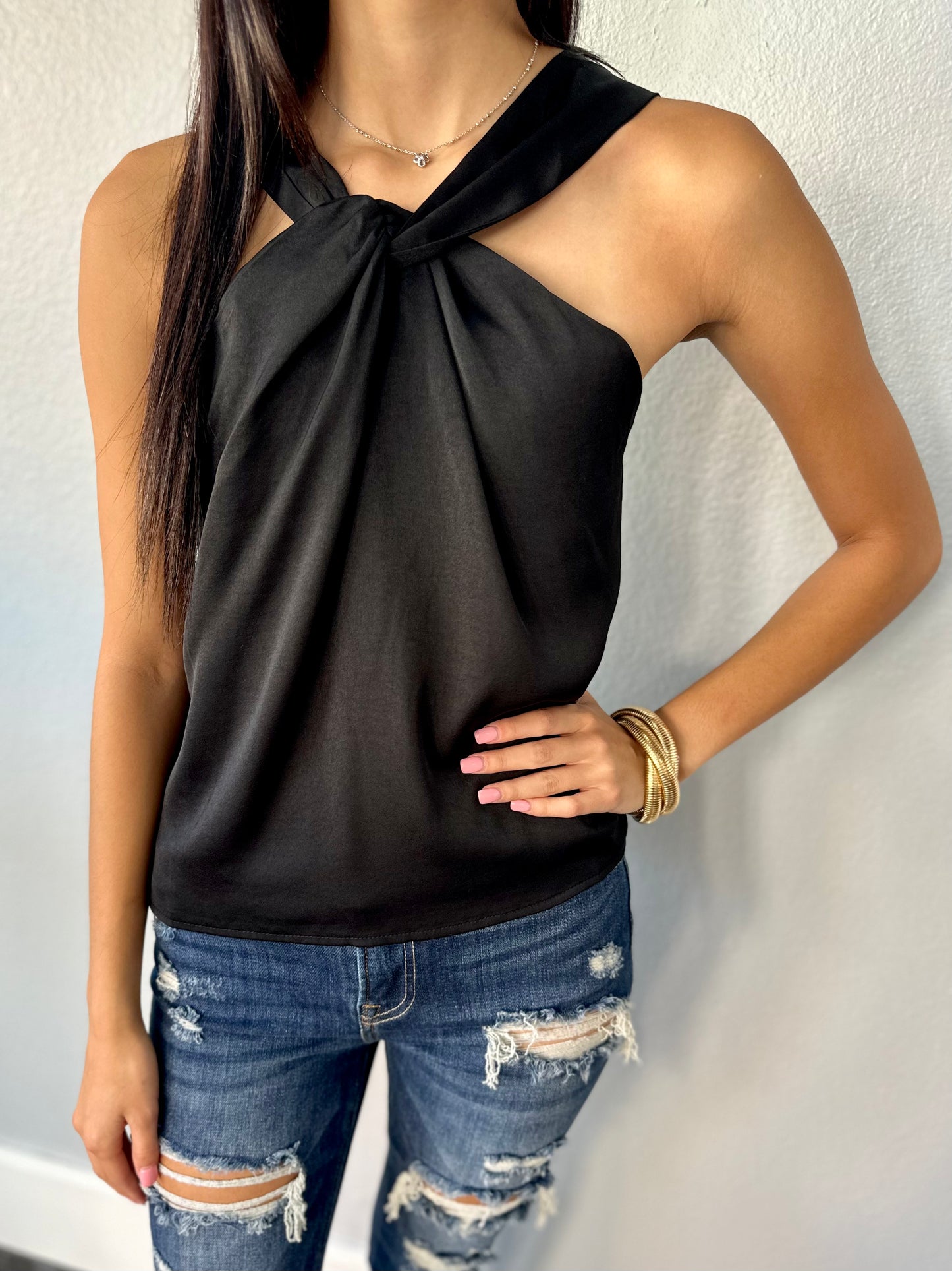 BLACK SATIN HALTER TOP