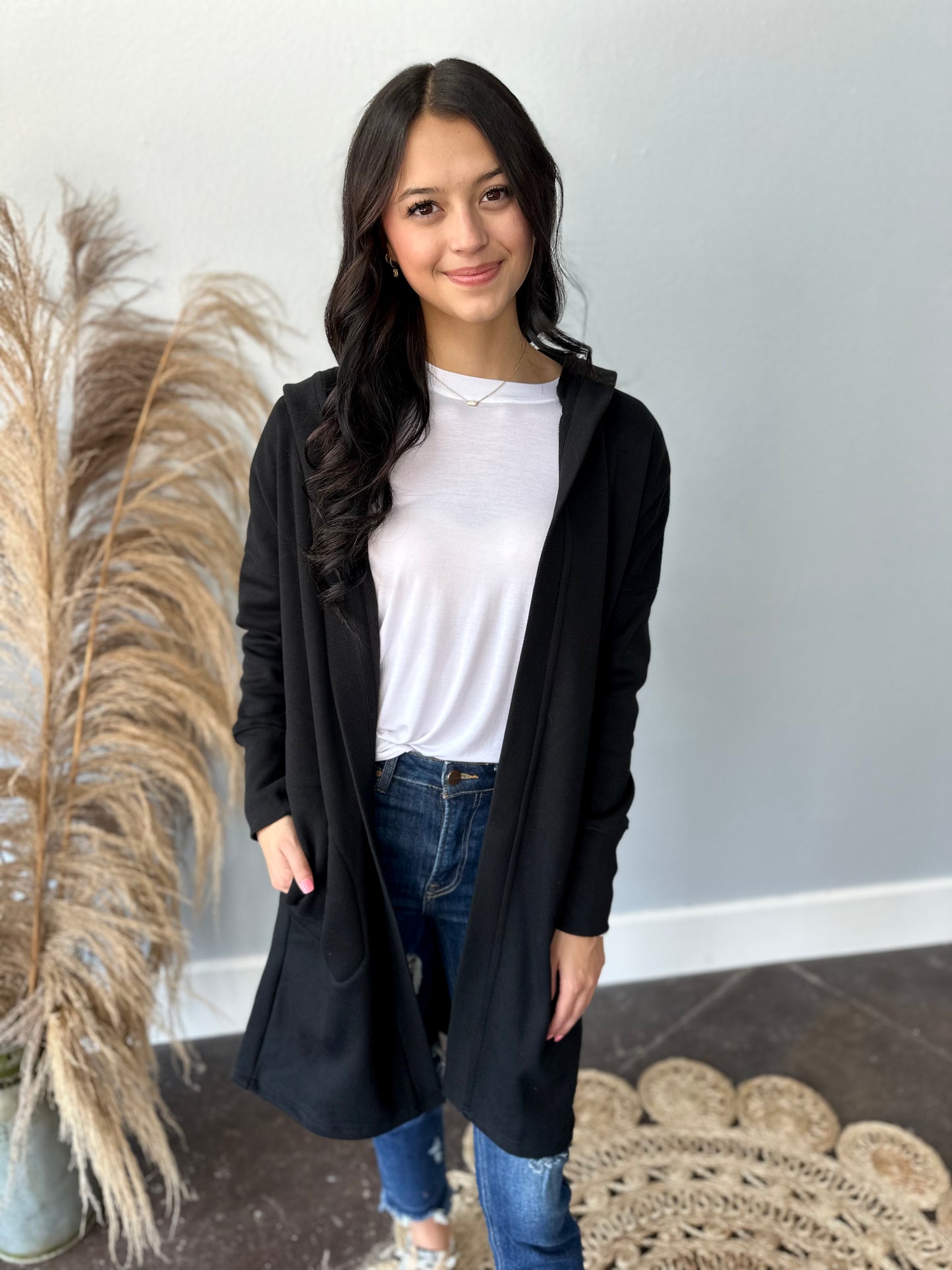 BLACK OPEN FRONT CARDIGAN W/HOOD