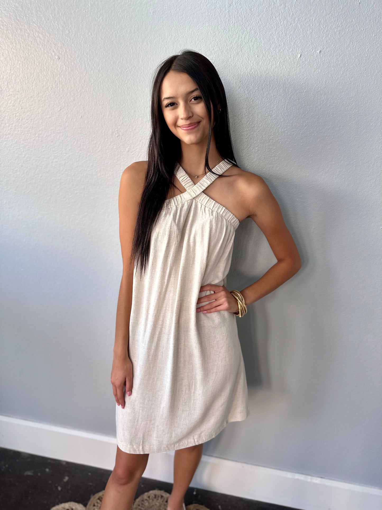 NATURAL LINEN HALTER SHIFT DRESS