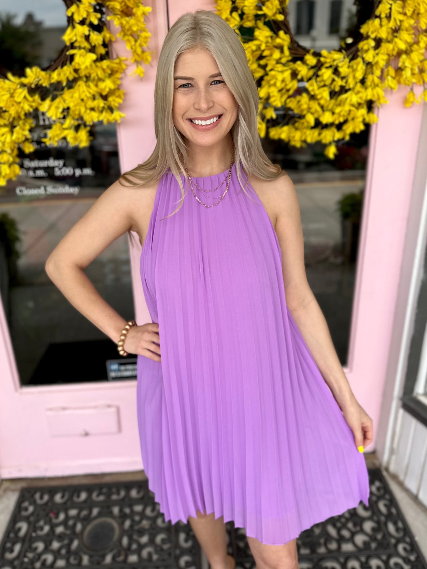 LAVENDER PLEATED SLEEVELESS DRESS