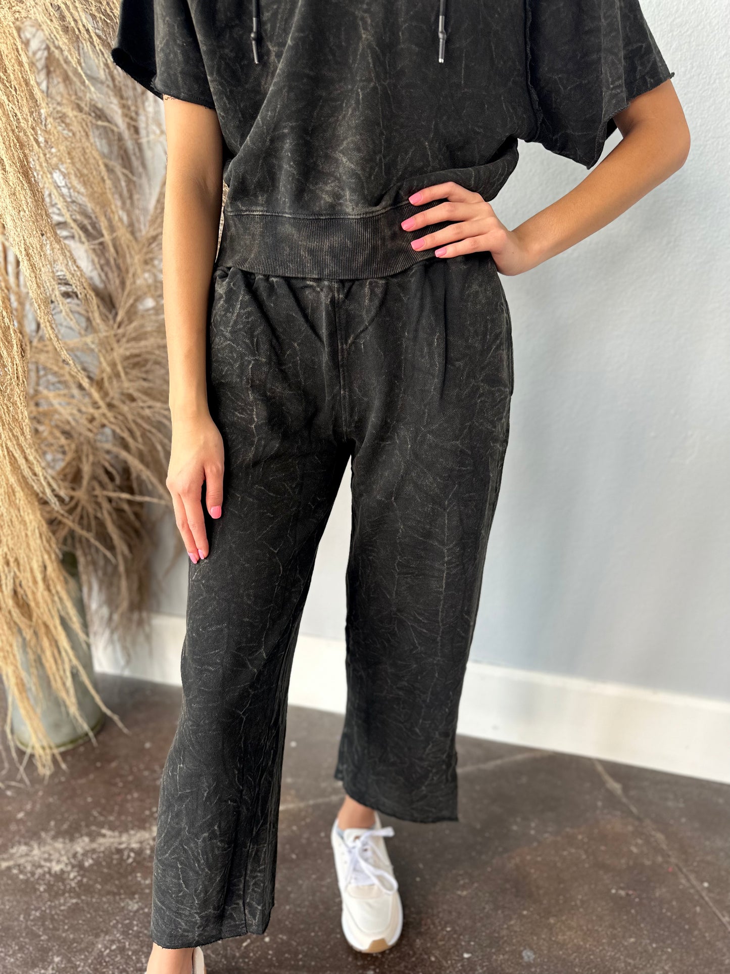 BLACK ACID WASH LOUNGE SET