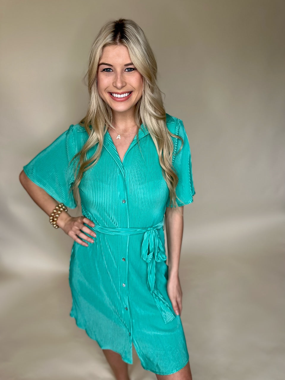 PEACOCK GREEN PLEATED DRESS