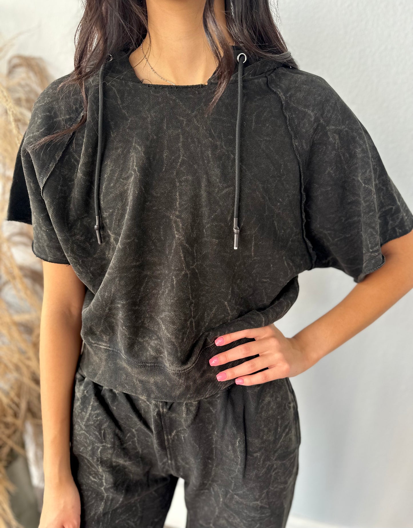 BLACK ACID WASH LOUNGE SET