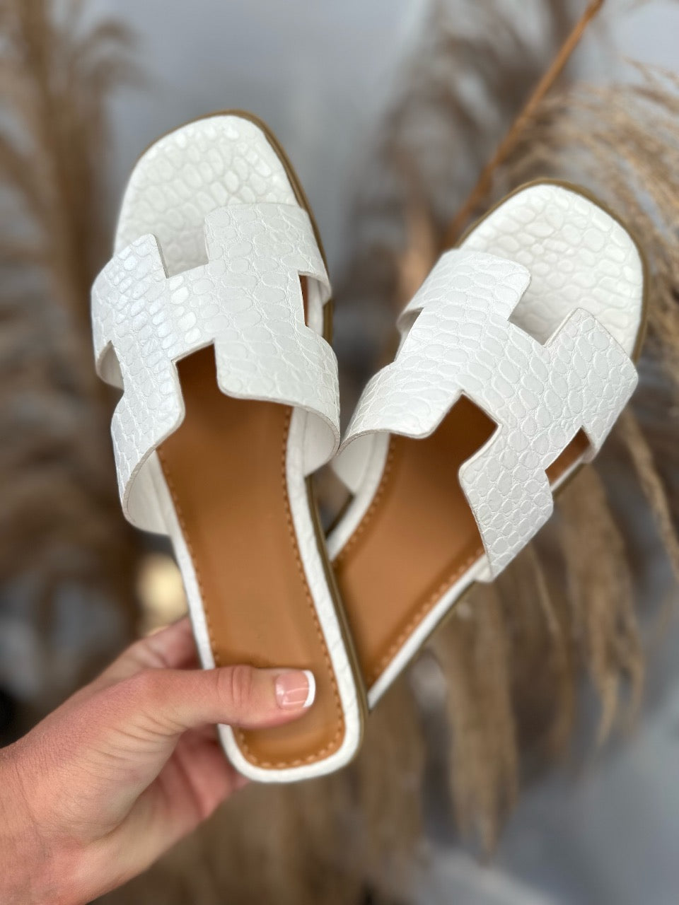 WHITE SNAKESKIN TORI SLIDES