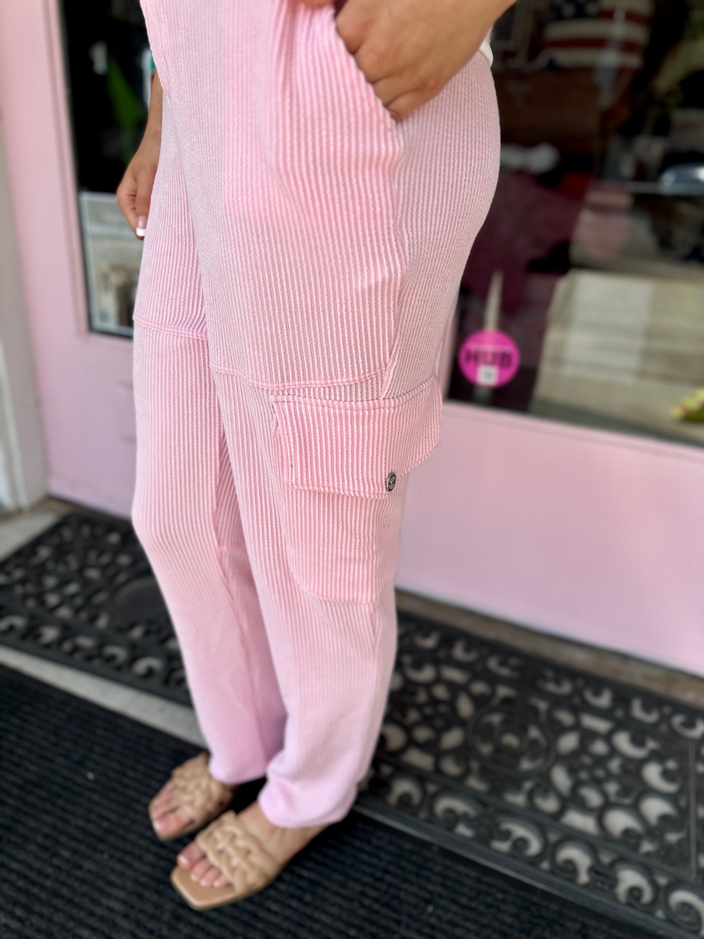 PINK RIBBED CARGO JOGGERS