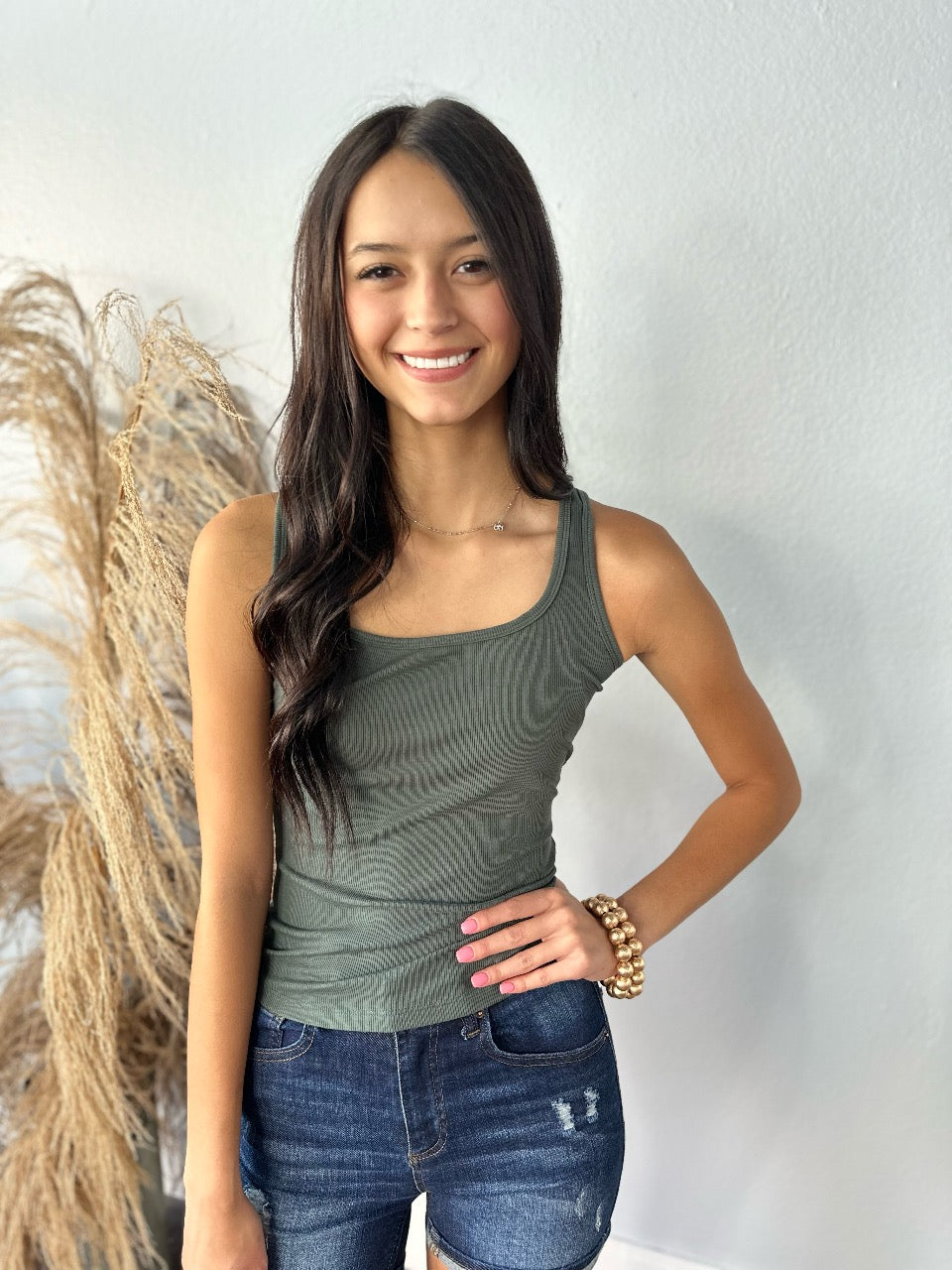 OLIVE SQUARE NECK RIBBED TANK