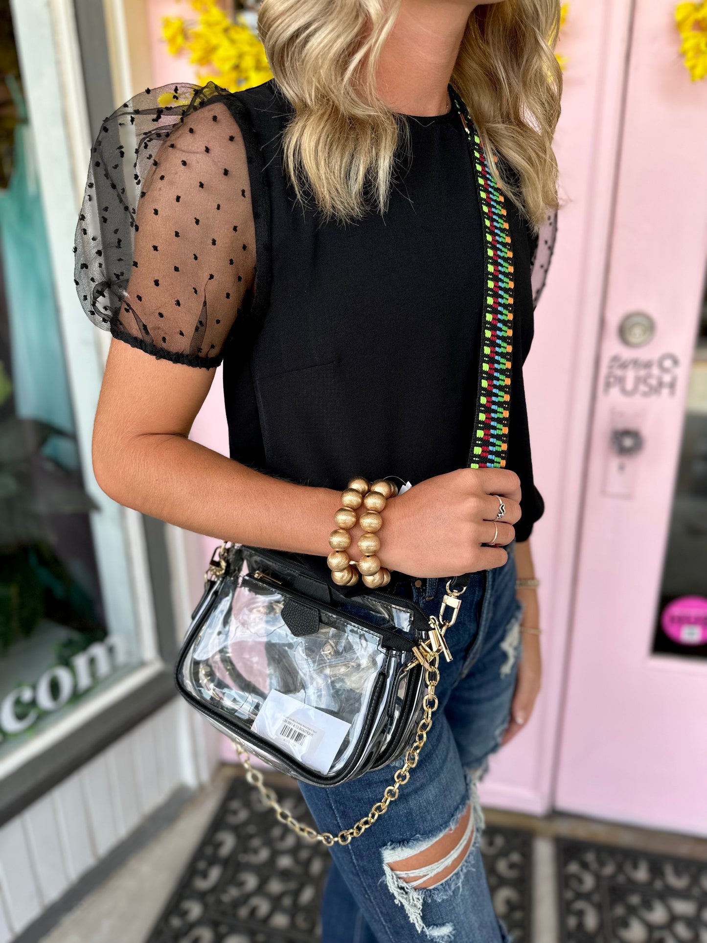 CLEAR/BLACK DOUBLE PURSE W/GUITAR STRAP