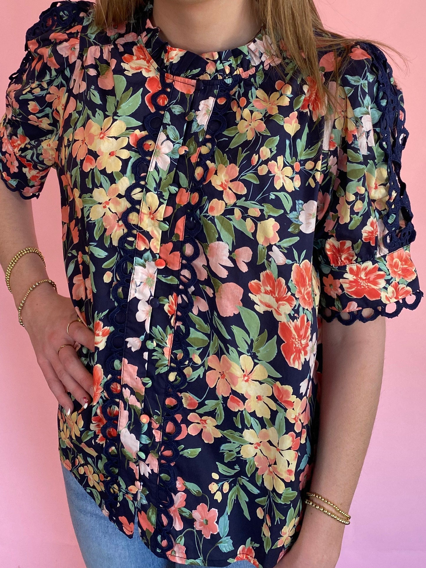 NAVY LACE FLORAL DETAIL TOP