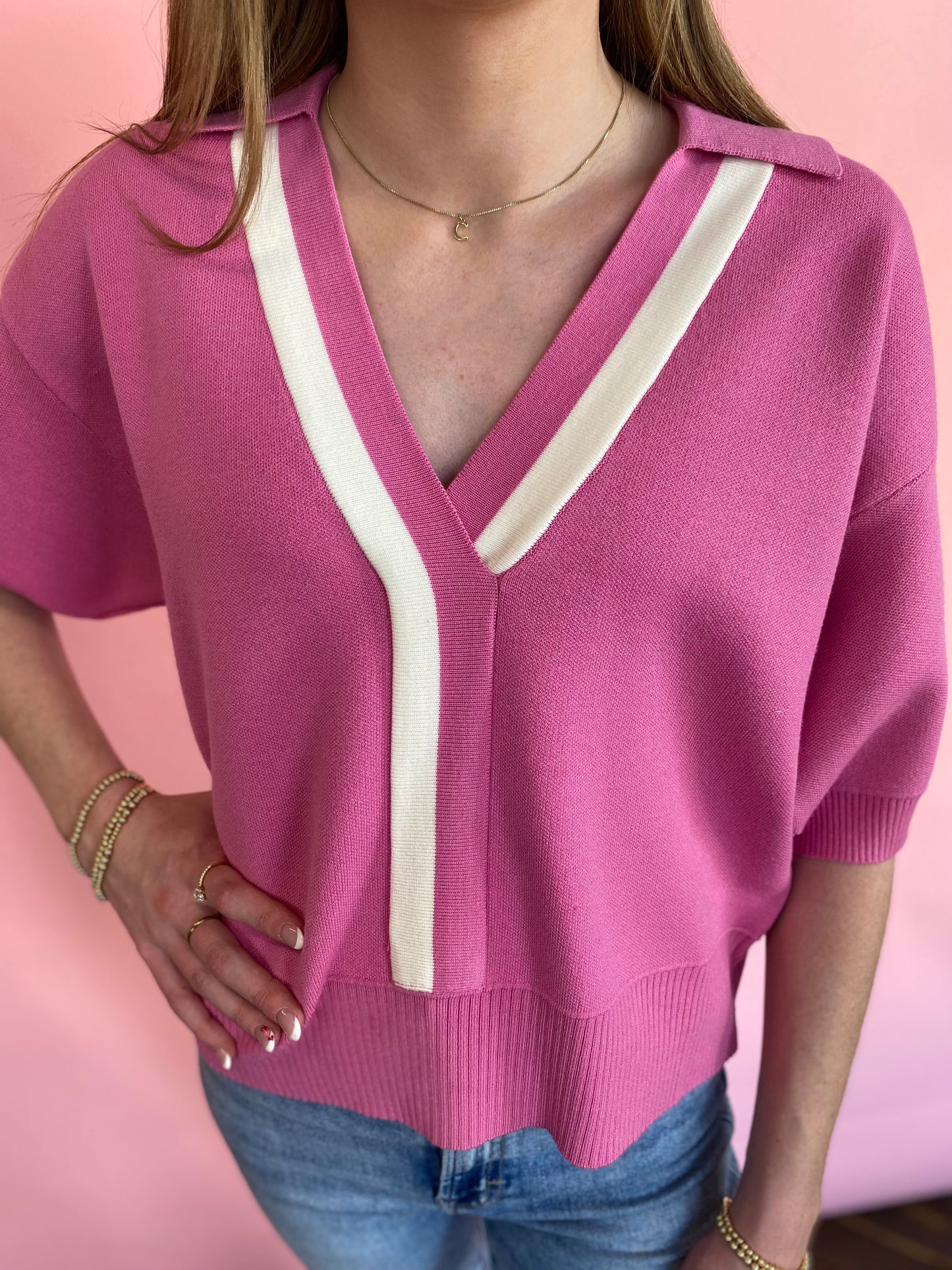 PINK/WHITE WIDE SLEEVE SWEATER TOP