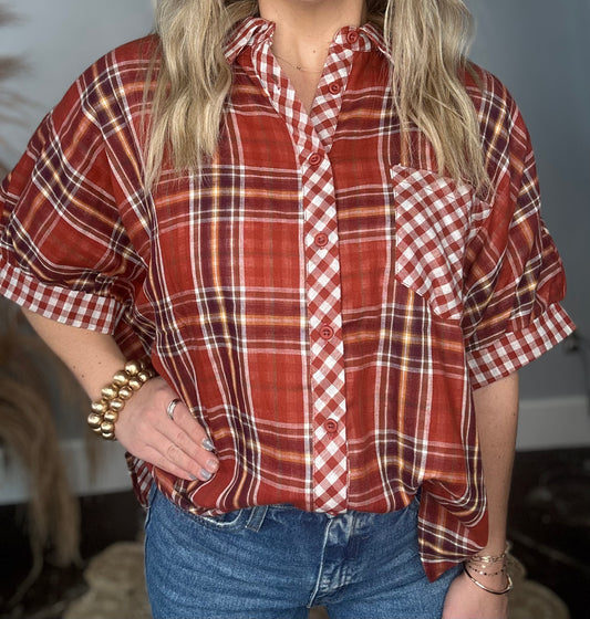 RUST PLAID CHECKED ESSENTIAL TOP