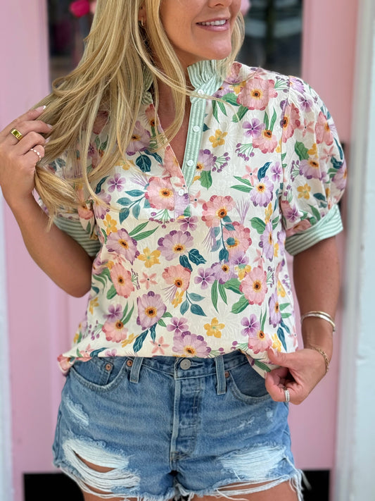 GREEN STRIPED FLORAL TOP