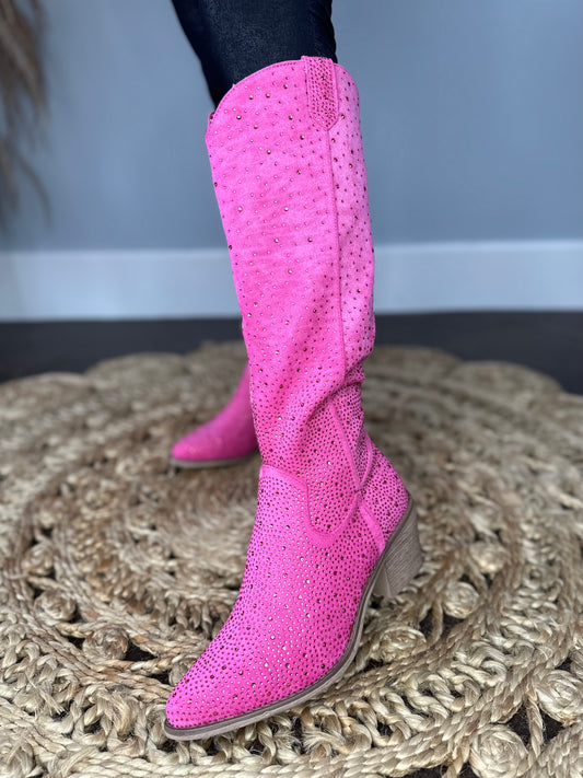 LETS GO PARTY PINK RHINESTONE BOOTS