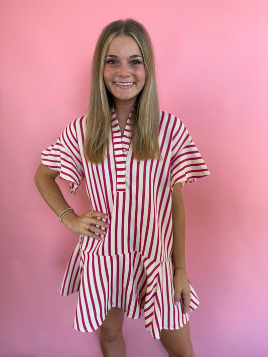 STRIPED HOT PINK BUTTON-UP DRESS