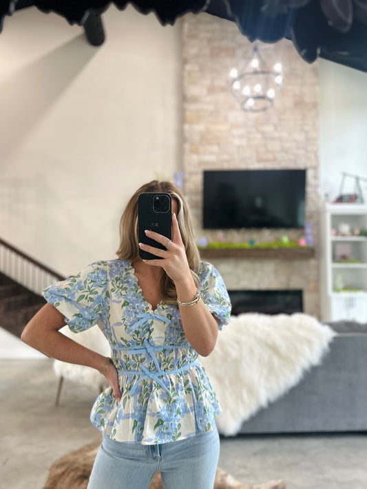 BLUE PUFF SLEEVE BOW DETAIL TOP