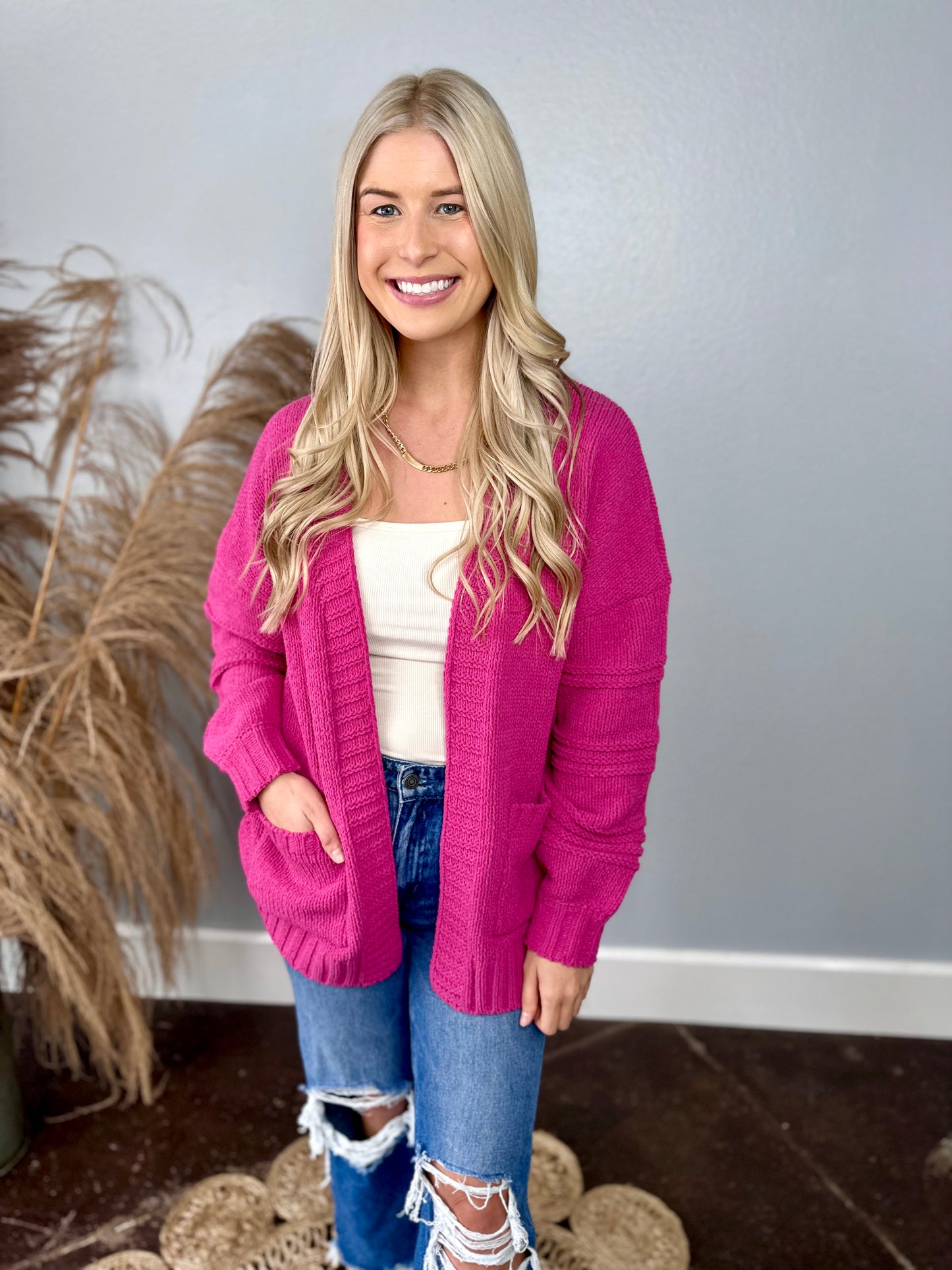 THICK COZY CHENILLE HOT PINK CARDIGAN