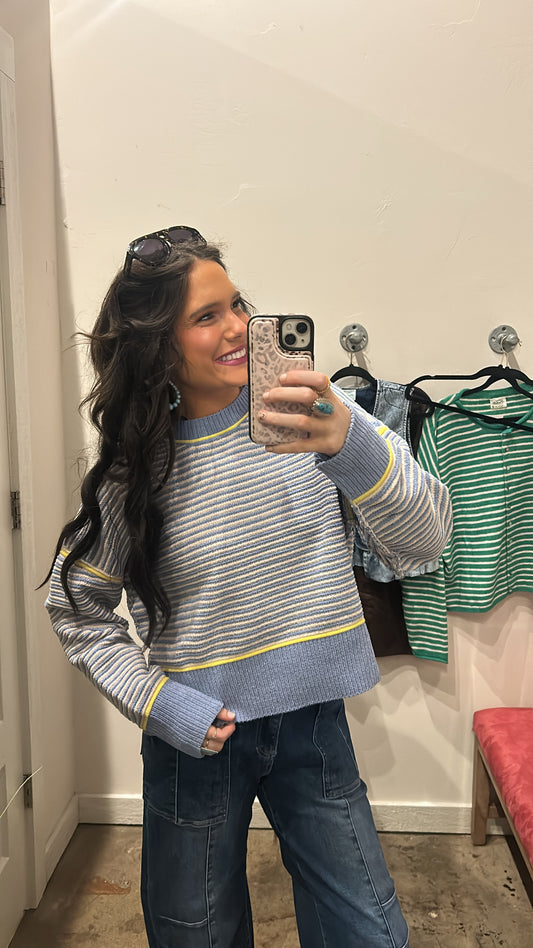 BLUE STRIPED CHENILLE SWEATER