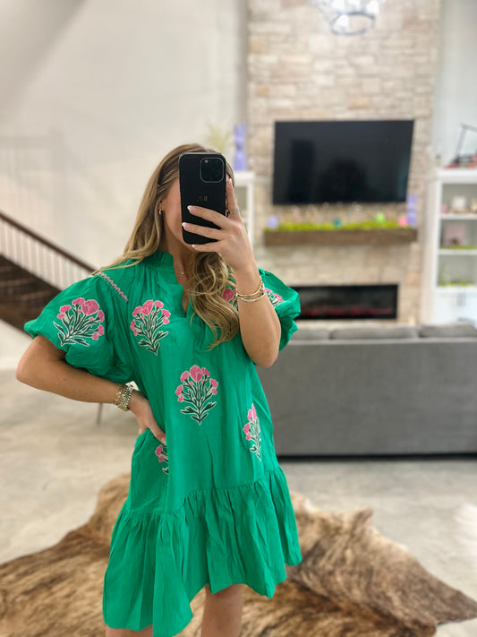 BRIGHT GREEN EMBROIDERED DRESS