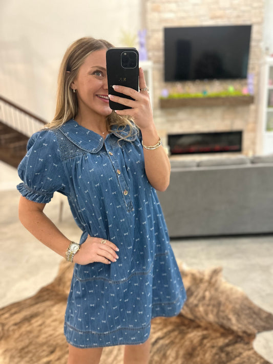 COLLARED DENIM BOW DRESS
