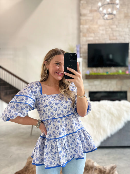 BLUE FLORAL TIERED TOP
