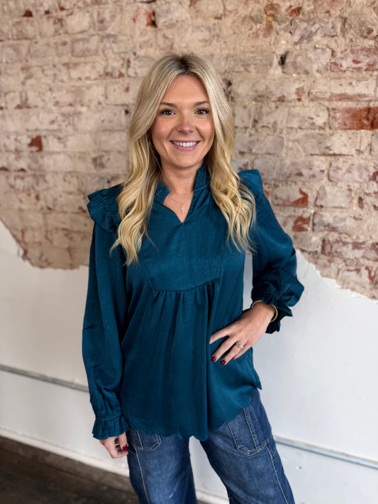 TEAL L/S CRINKLE SATIN FEELS TOP