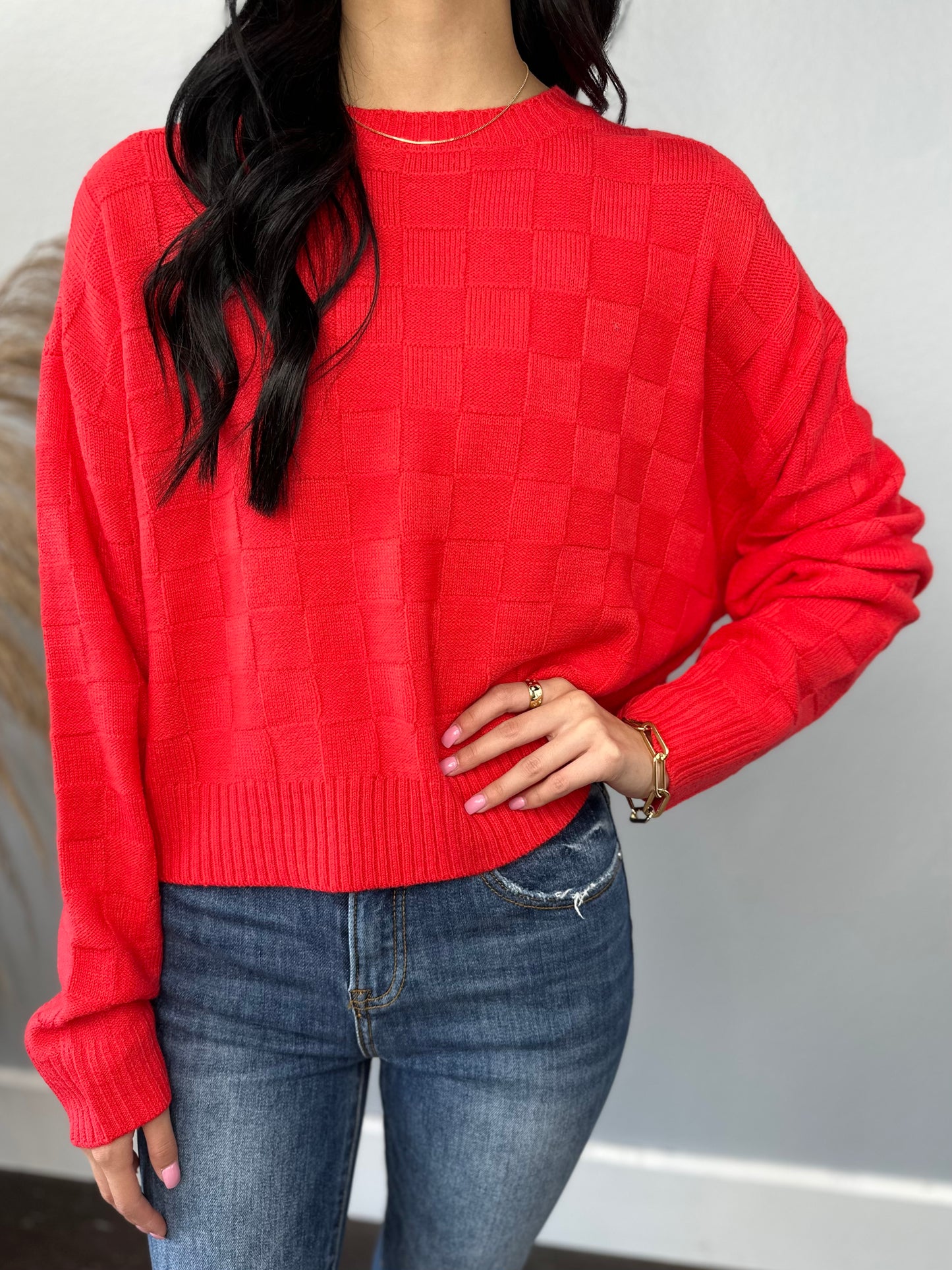 RED CHECKED OVERSIZED SWEATER