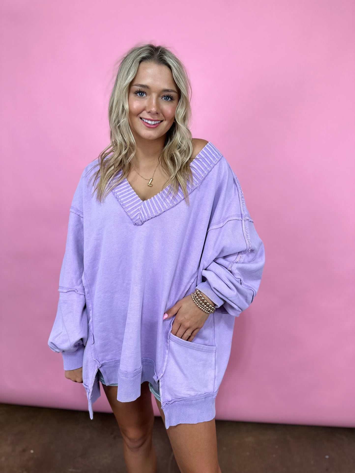 LAVENDER MINERAL WASHED RIBBED V NECK SWEATSHIRT