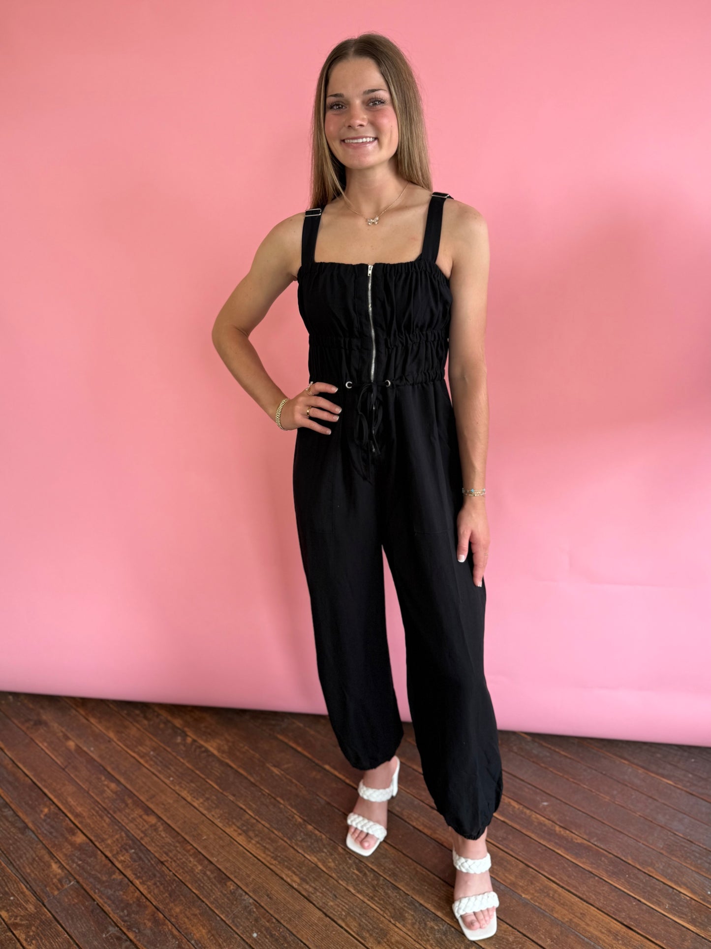 BLACK ZIP UP JUMPSUIT