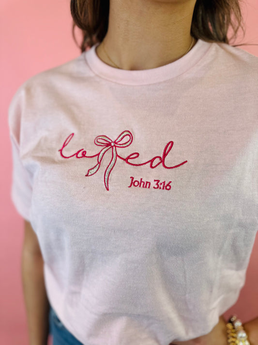 PINK LOVED EMBROIDERED TEE