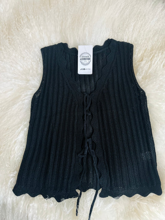 BLACK CROCHET FRONT TIE VEST
