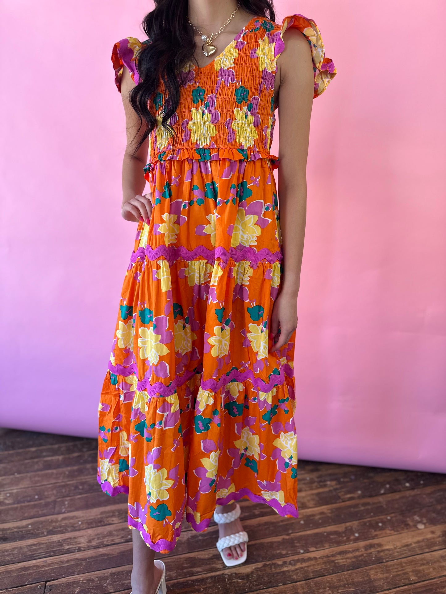 ORANGE FLORAL SCALLOP MAXI DRESS